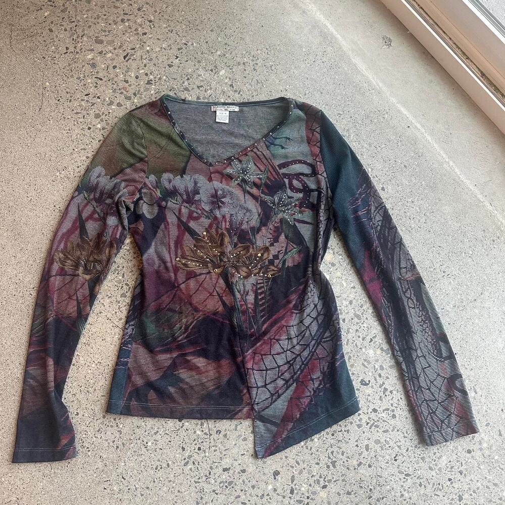 Alberto Makali Women’s M Top Long Sleeve Black Purple Abstract Print Beaded Y2K